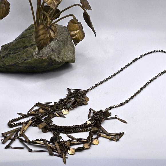 "5/$25" Edgy Brasstone Multi-layered Spike Disc Dangle Charm Necklace - Picture 3 of 7